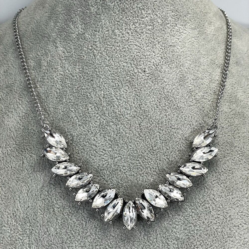Silver Tone White Glass Marquise Rhinestone Bib Collar Necklace Statement